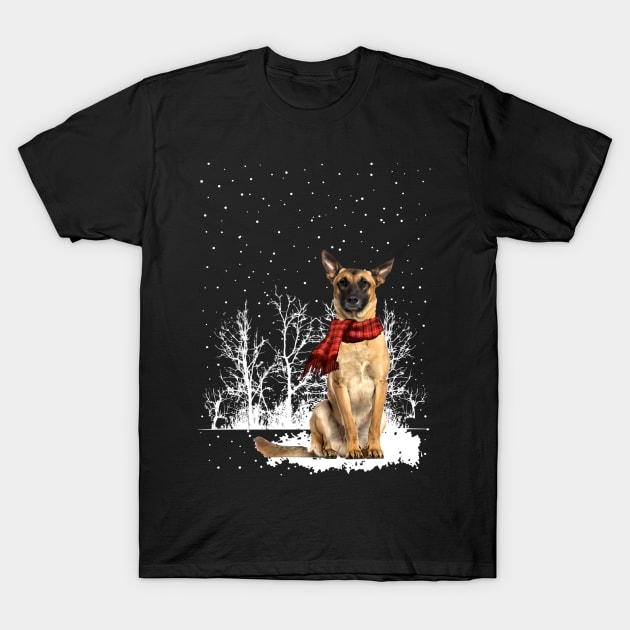 Christmas Belgian Malinois With Scarf In Winter Forest T-Shirt by SuperMama1650